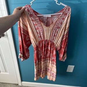 Ces Femme Red and Cream Patterned V-Neck Dress